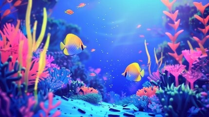 Fototapeta premium Colorful tropical fish amidst coral reef, minimalistic and vibrant underwater scene. Perfect for marine biology and ocean beauty themes
