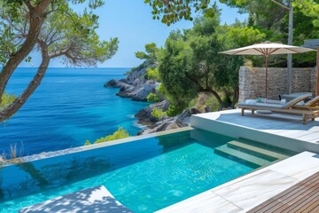 Fototapeta premium A luxurious summer scene featuring a sunbathing deck and private swimming pool near the beach, with a stunning panoramic sea view from a lavish house