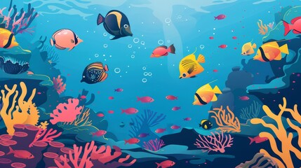 Colorful tropical fish swimming in coral reef shallows, minimalistic underwater scene. Ideal for themes of marine biology and ocean beauty