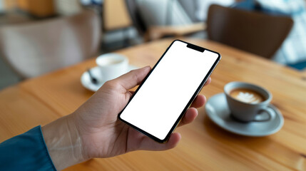 A close-up of a hand holding a smartphone with a blank screen, set in a cafe. Mockup