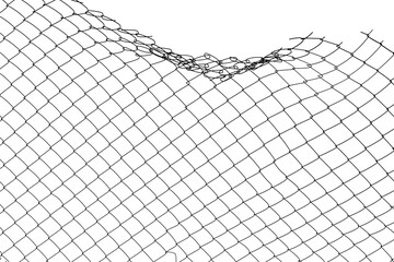 The texture of the metal mesh on a white background. Torn steel, metal mesh with holes
