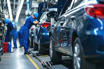 Obraz premium a car factory with workers working on cars, a factory with a lot of cars on the assembly line, team of technicians performing routine maintenance on a fleet of cars