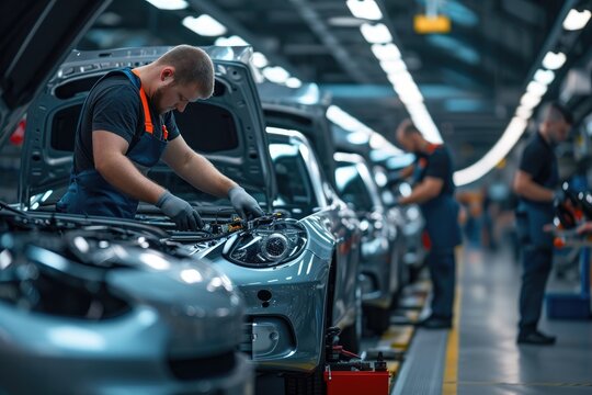a car factory with workers working on cars, a factory with a lot of cars on the assembly line, team of technicians performing routine maintenance on a fleet of cars