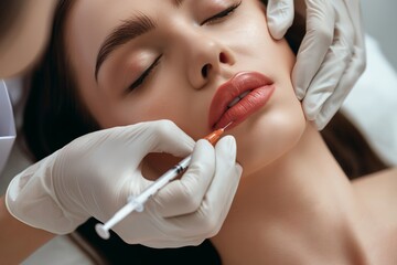 A woman getting Botox injections for her lips in a beauty salon