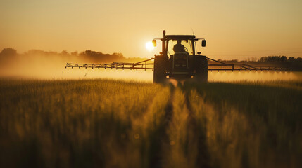 Fototapeta premium Tractor spraying pesticides in a field during sunset.