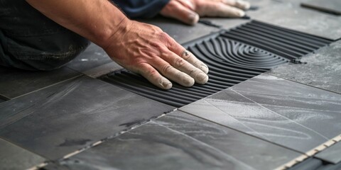 A worker is laying ceramic tiles on the floor of an apartment