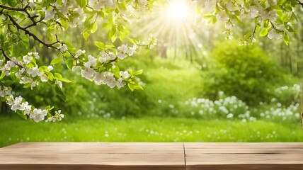 Obraz premium spring-beautiful-background-with-green-lush-young-foliage-and-flowering-branches-with-an-empty-woode