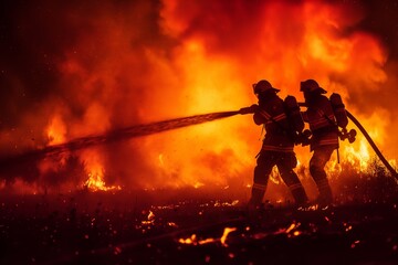Firemen fighting  against huge fire at night