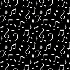 Seamless pattern of musical notes. Watercolor hand drawn illustration on black background. For fabrics, textiles, wallpaper on the theme of music, rock, jazz.