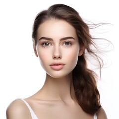 Fototapeta premium Portrait of a beautiful young woman bright skin on studio background