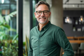 Obraz premium Portrait of a smiling middle-aged business man employee wearing a green shirt and glasses