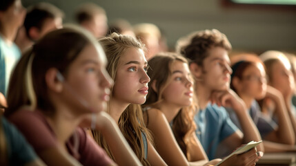 Obraz premium Students sit in the lecture hall, listening to the lecture. A portrait of focused and interested students in the classroom during the lecture.
