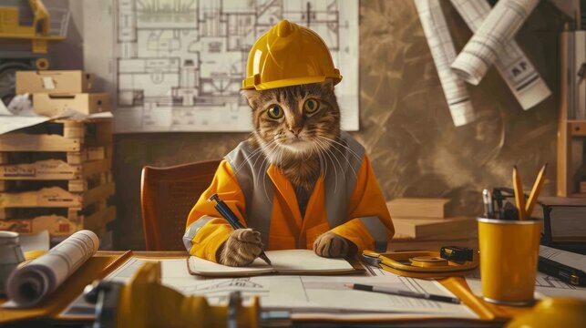A whimsical and surreal image of a handsome cat in a construction worker outfit