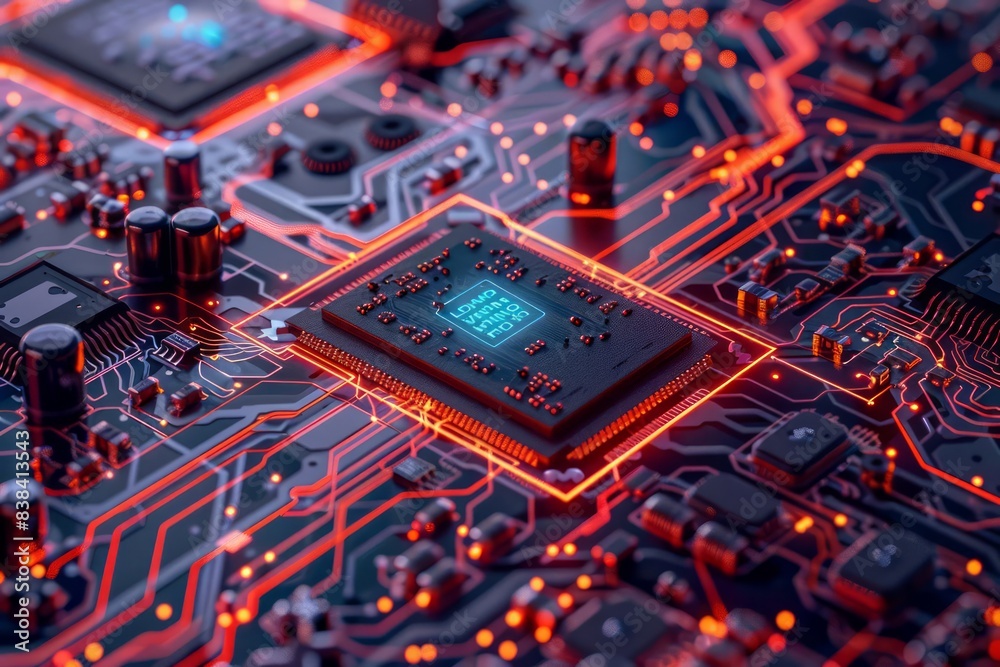 Poster abstract depiction of a computer processor on a circuit board, showcasing detailed microchips and co