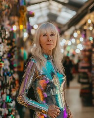 Beautiful older woman with long blond hair and shiny sparkling colorful outfit standing on the market