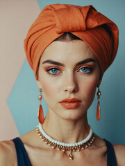 Elegant Woman with Orange Headwrap and Jewelry Against Colorful Background