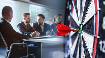 Business meeting with focus on achieving goals shown by dart hitting the bullseye on a dartboard, symbolizing target achievement.