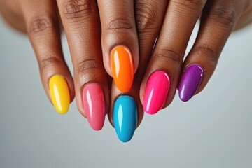a woman's hands with colorful nails, a woman's hands with colorful nails, Close-up shots of hands with trendy nail polish colors for a fashionable look