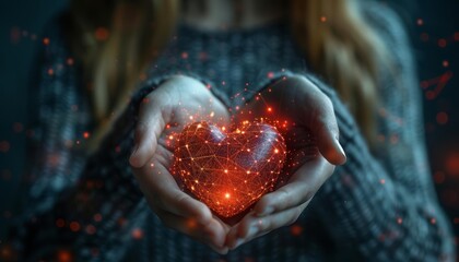Hands holding a glowing digital heart symbolizing love, technology, and connection with a futuristic touch.