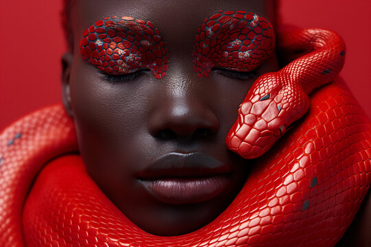 Studio portrait of fashion woman with snake 