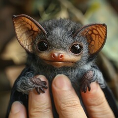 A close-up photo of a small, plush bat being held in a hand. The bat has large, brown eyes and a furry, grey body