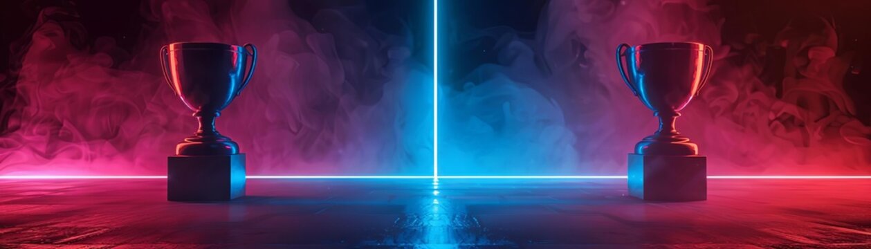 Champion cup award tournament video game of scifi gaming red blue vs sports background, virtual reality simulation and metaverse scene stand pedestal stage