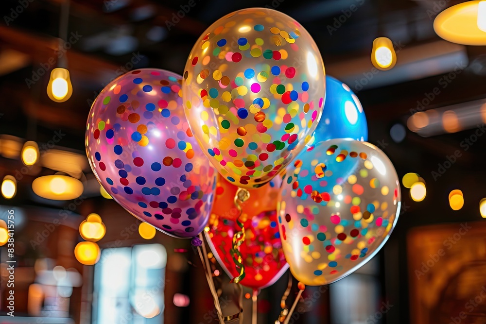 Poster a bunch of balloons with confetti dots on them, a bunch of balloons with confetti dots on them, Confetti-filled balloons creating a vibrant party atmosphere