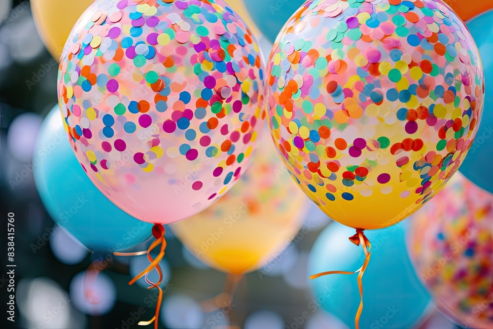 Poster a bunch of balloons with confetti dots on them, a bunch of balloons with confetti dots on them, Confetti-filled balloons creating a vibrant party atmosphere