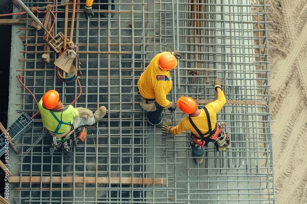Poster a group of construction workers working on a building, a group of construction workers working on a 