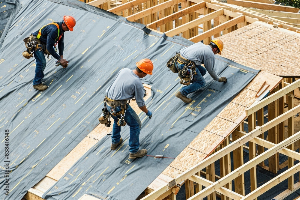 Poster a group of construction workers standing on top of a building, a group of men standing on top of a b
