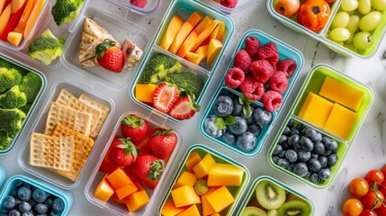 colorful food containers filled with fresh fruits, vegetables and snacks for easy travel eating. Wellness eating, organic fruits, kids lunch box, healthy options, back to school lunch