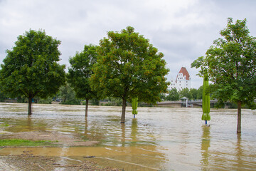 Flood in Ingolstadt, view of a flooded landscape Ingolstadt , Danube, Bavaria, Germany