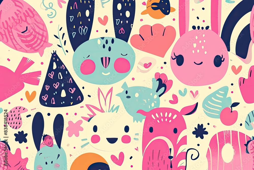 Aufkleber a colorful pattern with cute animals and birds, a pattern of colorful animals and birds, cute vector