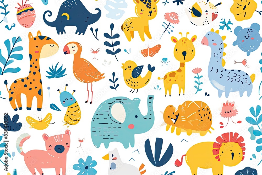 Poster a colorful pattern with cute animals and birds, a pattern of colorful animals and birds, cute vector