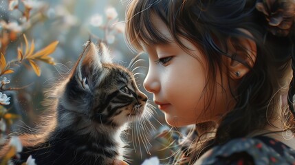 A young girl with long dark hair looks intently at a tabby kitten, their faces close together. The background is blurred, suggesting a spring garden with flowers