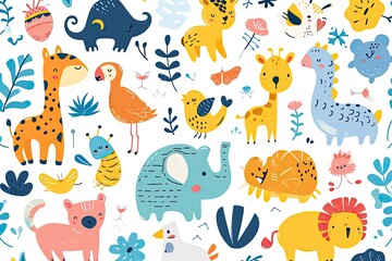 Naklejka premium a colorful pattern with cute animals and birds, a pattern of colorful animals and birds, Cute vector background featuring adorable creatures in a joyful composition