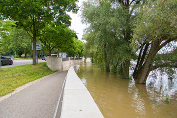 Flood in Ingolstadt, view of a flooded landscape Ingolstadt , Danube, Bavaria, Germany
