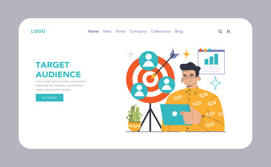 Target Audience web or landing. Man with tablet beside a dartboard,