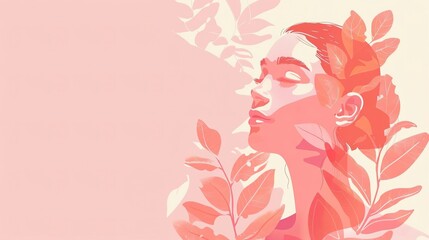 Minimalist illustration of a woman with closed eyes and pink foliage.