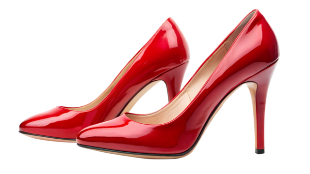 a pair of red high heels on a white background. The shoes have a shiny surface and a pointed toe