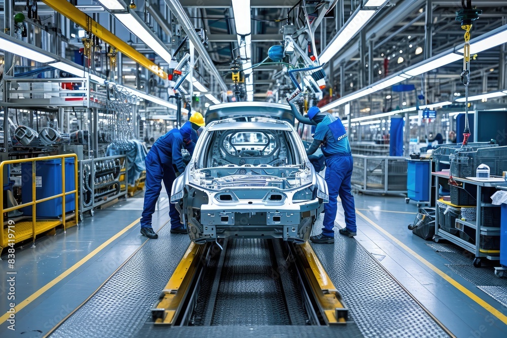 Poster a man working on a car in a factory, a man working on a car in a factory, engineers at a car manufac