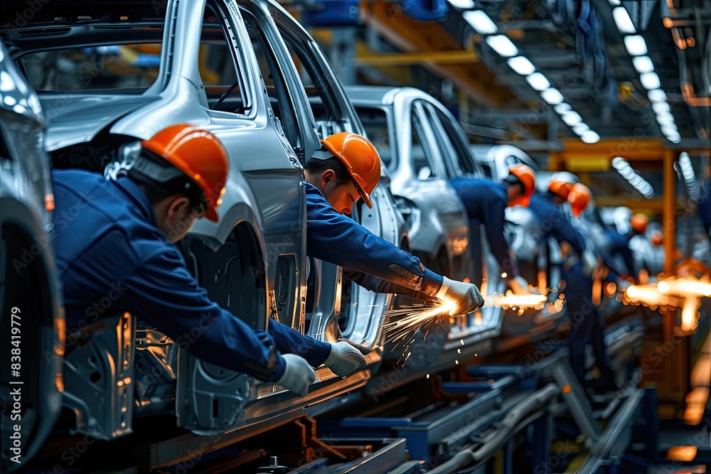 Poster a man working on a car in a factory, a man working on a car in a factory, engineers at a car manufac