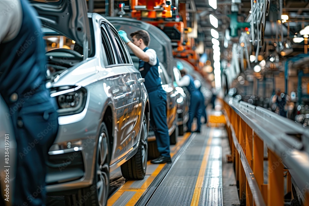 Poster a car being worked on in a factory, a car being worked on in a factory, engineers conducting quality