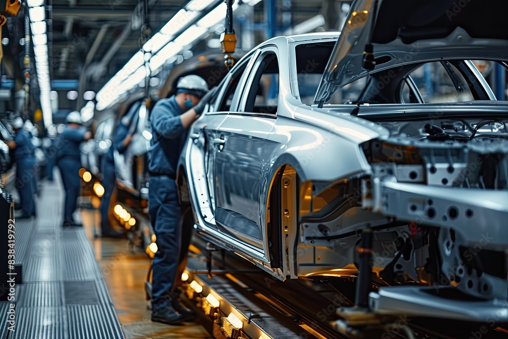 Poster a car being worked on in a factory, a car being worked on in a factory, engineers conducting quality