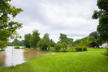 Flood in Ingolstadt, view of a flooded landscape Ingolstadt , Danube, Bavaria, Germany