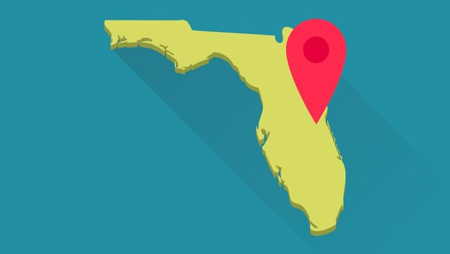 Looped animation of a red location marker bouncing on the 3D yellow map of Florida on green screen, transparent, alpha channel (flat design)