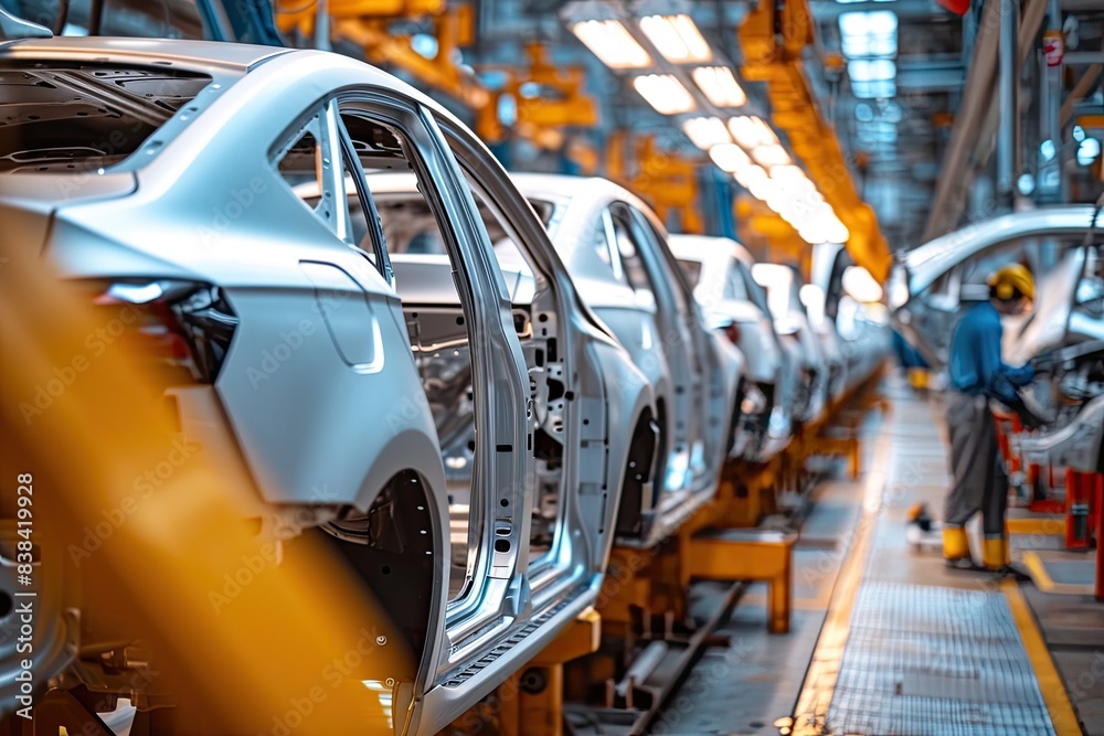 Poster a car being worked on in a factory, a car being worked on in a factory, engineers conducting quality