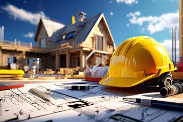 construction helmet and blueprint
