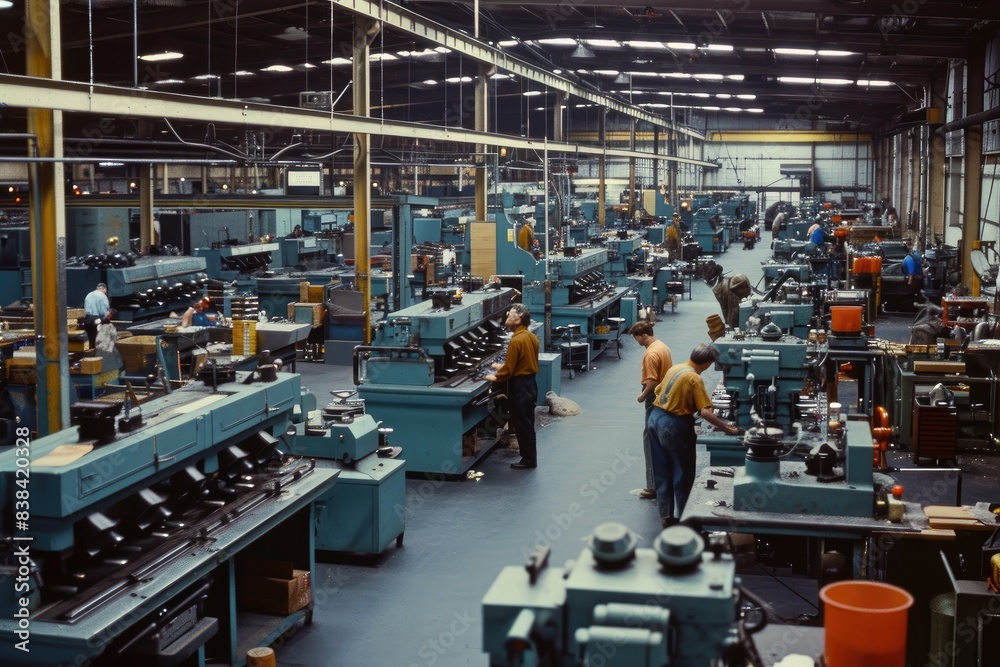 Poster a factory with workers working on machines, a factory with workers working on machines, Factory floor with workers operating machinery
