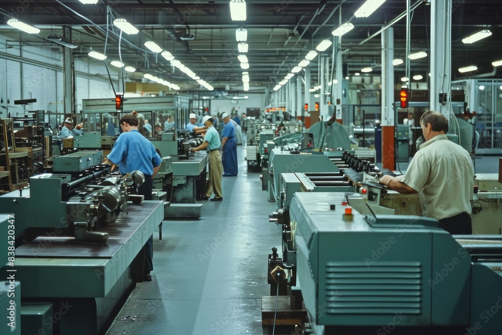 Poster a factory with workers working on machines, a factory with workers working on machines, Factory floor with workers operating machinery